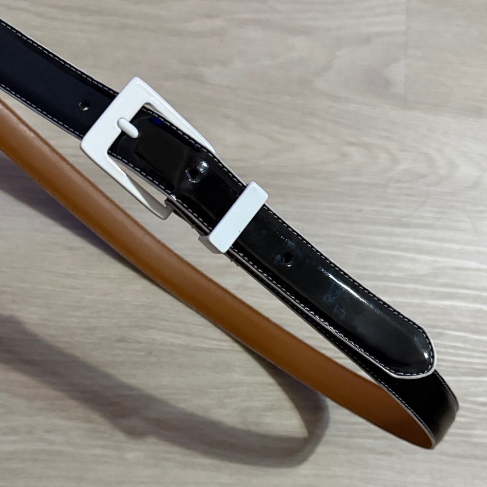 American Living Black and Brown Reversible Leather Belt with White Buckle